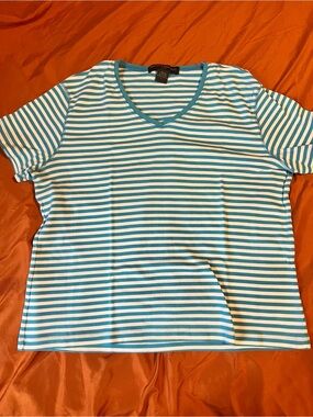 Banana Republic Teal and White Striped V-Neck Short Sleeve Top